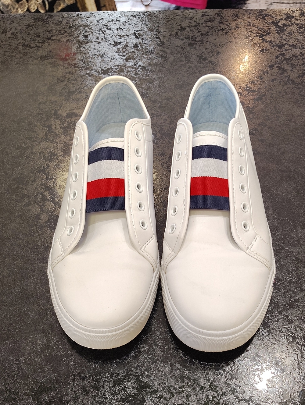 Tommy Hilfiger White Slip-On Sneakers with Red & Navy Stripe